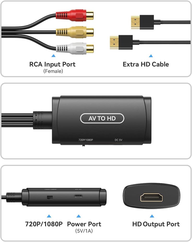 ABLEWE RCA to HDMI Converter, AV to HDMI Adapter, Composite toHDMI Adapter Support 1080P, PAL/NTSC Compatible with WII WII U/PS one PS2/PS3 STB Xbox VHS VCR Blue-Ray DVD - Image 4